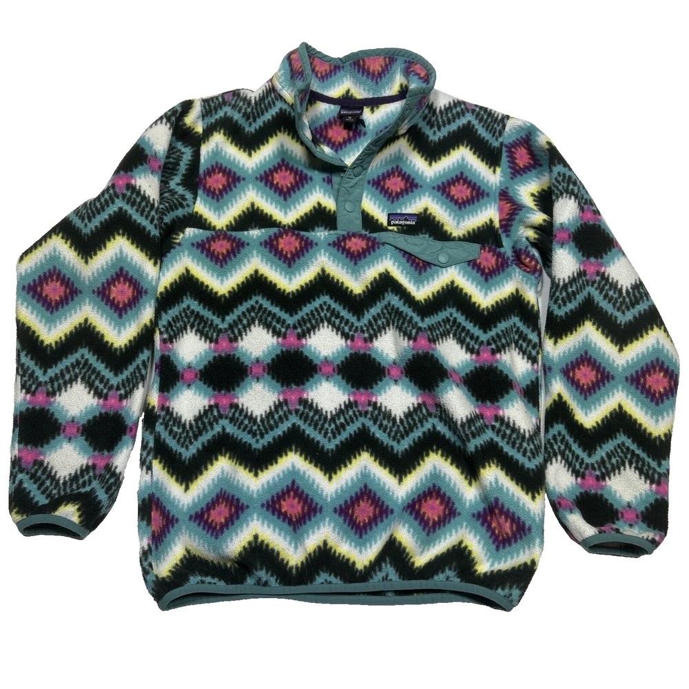 Patagonia Synchilla‎ Fleece Snap-T Pullover Sweater Pink Blue Girls XL 14 Aztec